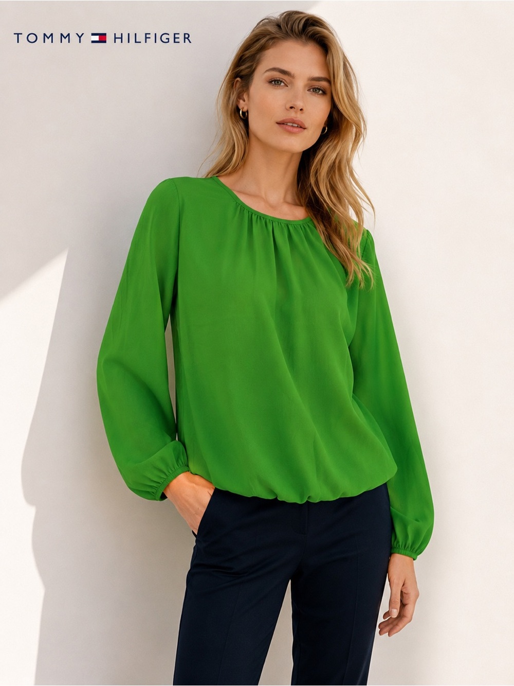 Tommy Hilfiger Green Blouse Large Balloon Sleeve Peasant Top Long Sleeve